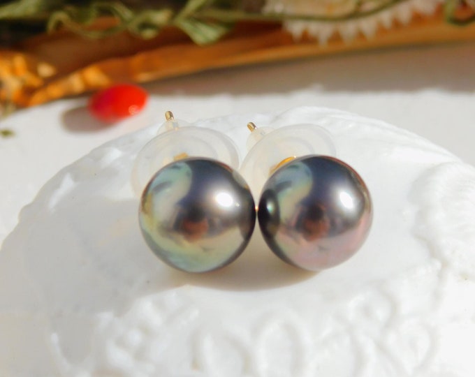 11.5mm Tahitian Pearl Studs | Medium Green Black | AAA | Solid 18kt Gold Studs | South Sea Pearl | Saltwater Pearls | Black Pearl | Au750