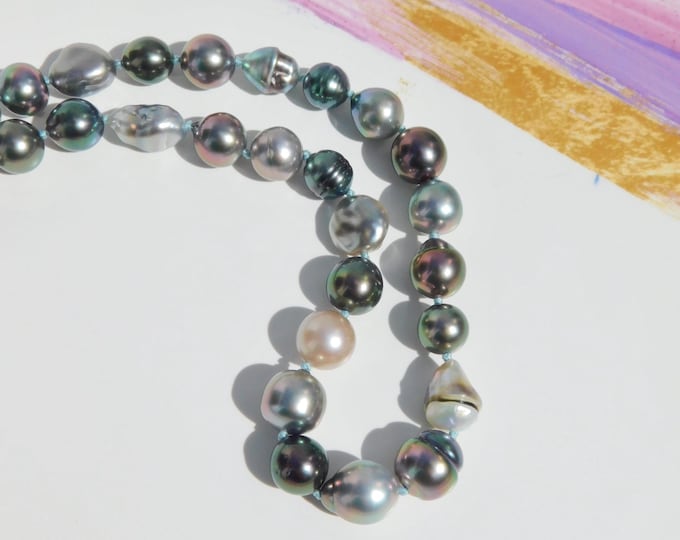 Tahitian Pearl Necklace | AAA | 8.4-10.8mm | Keshi Pearls | Solid 14kt White Gold | Free Formed Pearls | 16.5 Inches | Stacking | Choker