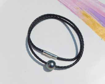 Tahitian Pearl on Braided Leather Cord Choker | 17.75 Inches | Pearl and Leather Necklace | 12.6mm | Round | AA+ | Green | Black | Silver