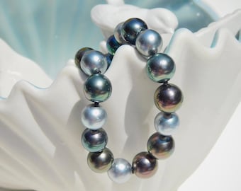 Tahitian Pearl Bracelet | 8.3-9.5mm | Round | Gem Green | Gray | Saltwater Pearl Bracelet | Black Pearl | Solid 14K Gold Magnetic Clasp