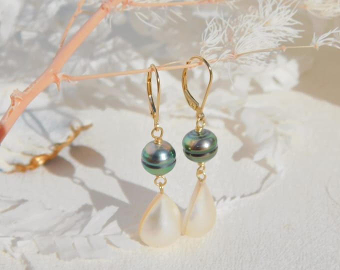 Peacock Circled Tahitian and Mabe Pearl Earrings | Lever Back | Solid 18k/14k Gold | Lever back | AAA | Saltwater Mabe | Black Pearl