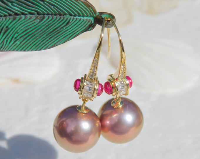Metallic Baby Pink Pearl Earrings | Vermeil with Hot Pink CZ | 11.7mm | Pastel Pink | AAA | Round | Freshwater Pearl Earrings
