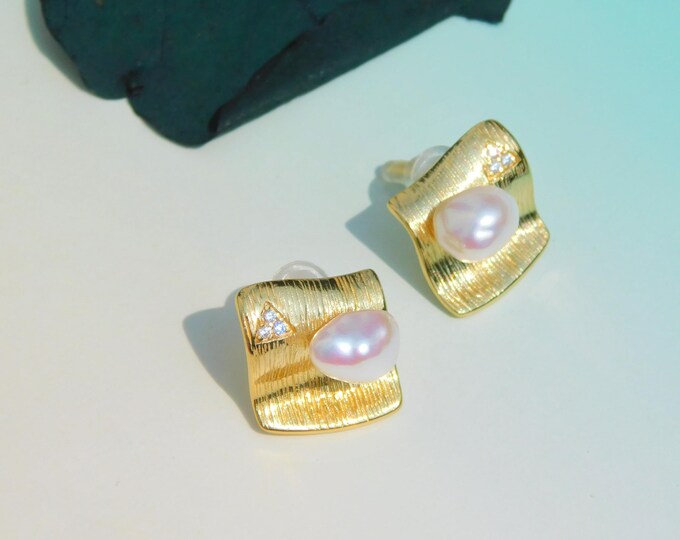 Freshwater Keshi Pearl Vermeil Post Earrings | Scratched Finish Square | Super Luster | Statement Earrings | AAA+ | Gold Plated Silver