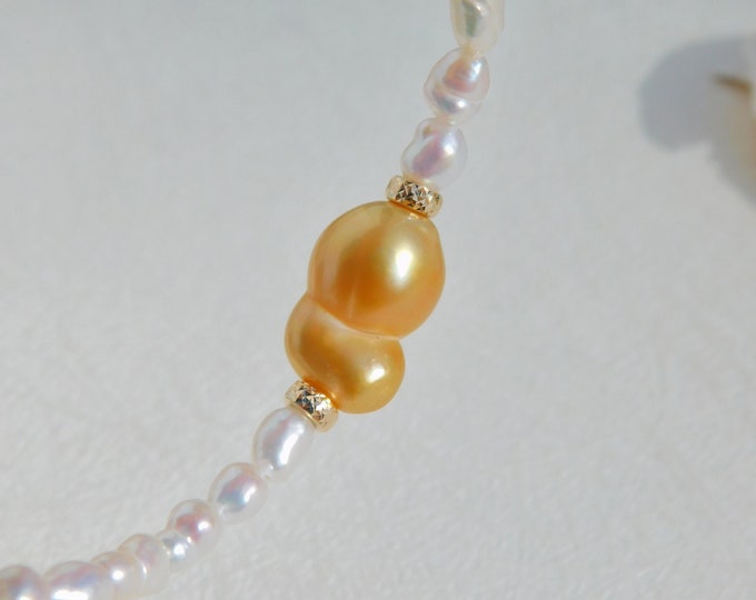 Freshwater Keshi and Deep Golden South Sea Pearl Pendant Necklace | AAA+ |  White | Deep Golden | Solid 14kt/18kt Gold | 15 Inches | Choker