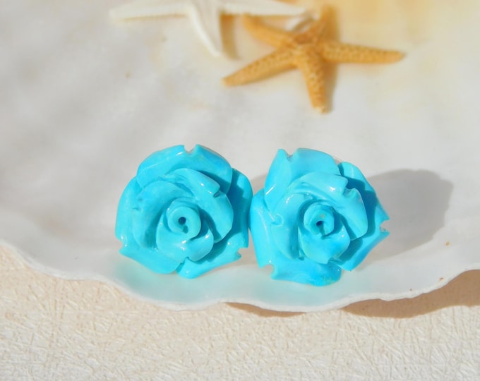 Sleeping Beauty Turquoise Rose Studs | 15mm | Solid 18kt Gold | Authentic Intense Blue Turquoise | Au750 | Gemstone | Blue | Rose Studs