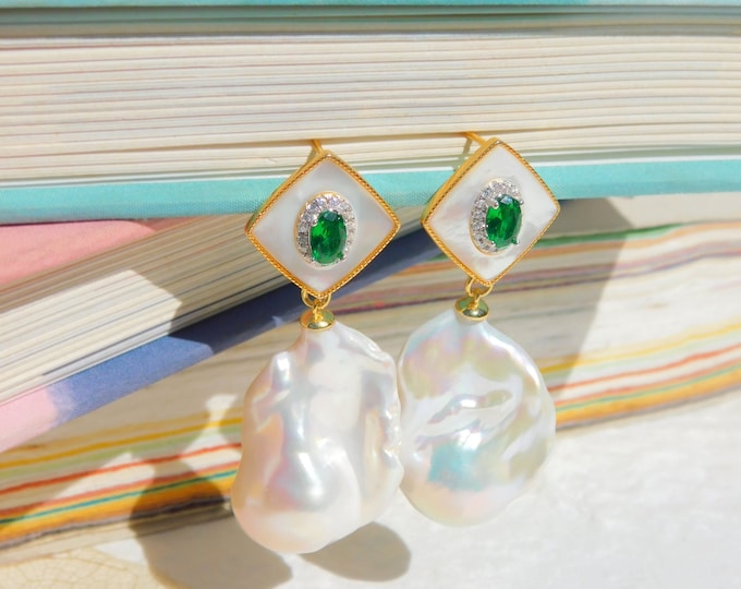 Vermeil Large Barqoue Pearl Earrings | Bold Design | Mother of Pearl | AAA+ | Sterling Silver | Green CZ | Fireball Pearl Earrings