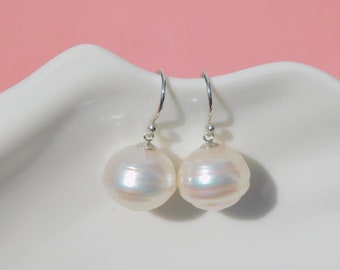 14.4mm Semi-Baroque White South Sea Pearl Earrings | Solid 14K White Gold | Australian White Pearls | Large Saltwater Pearls | Circled | AAA