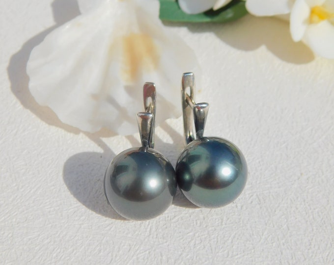 12mm Tahitian Pearl Earrings | Sterling Silver Latch-back | Dark Steel Blue | AAA | Round | Oxidized Silver | Black Pearl Earrings