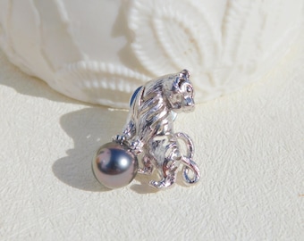 Sterling Silver Tiger Tahitian Pearl Pin | Tahitian Pearl Brooch | AAA |  Aubergine Green | 8.7mm | Animal Pin | S925 | South Sea Pearl