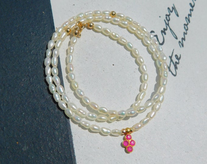 Petite Japanese Keshi Necklace with Ruby Pendant | AAA | 3mm | Free Form Saltwater Pearls | 17.5 inches | Layering | Stacking Necklace