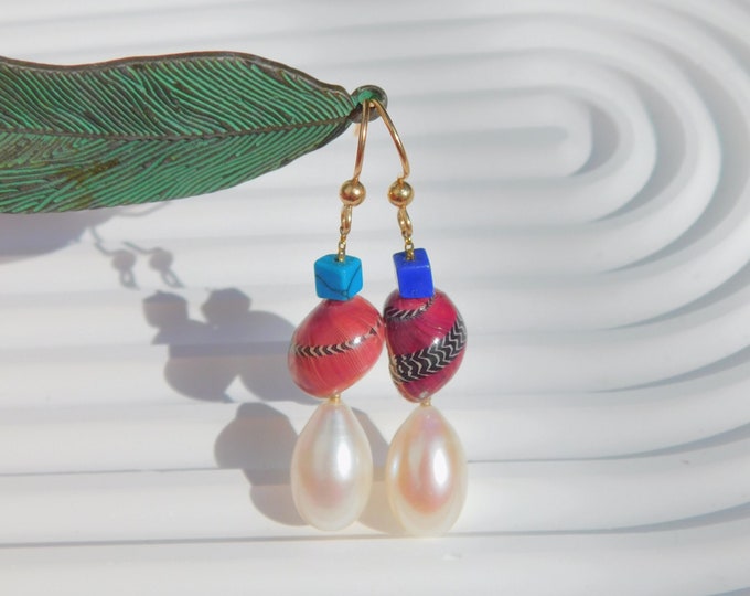Mismatched Gemstone and Freshwater Pearl Earrings | AAA | Gold filled Earwires | Blue | Teardrop | Drop Earrings | Long Earrings