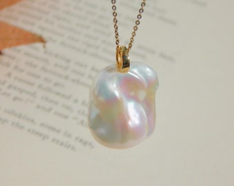 Large Baroque Freshwater Pearl Pendant | 18mm * 24mm | Solid 18kt Gold Bail (No Chain) | White with Pink and Rainbow | Au750 | AAA+