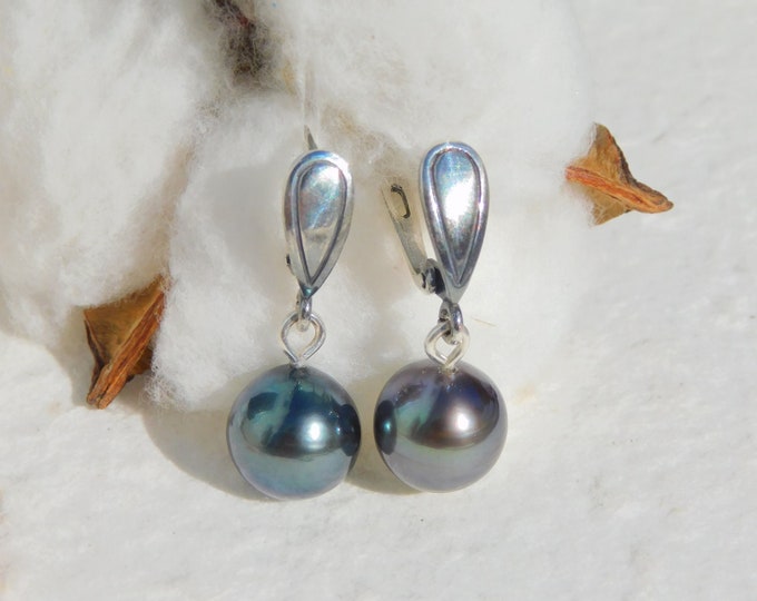 10.9mm Tahitian Pearl Earrings | Sterling Silver Latch-back | Dark Steel Blue Black | AA+ | Near Round | Oxidized Silver | Drop Earrings