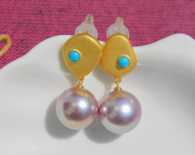 Turquoise Vermeil Lilac Pearl Earrings | AAA | 11.9mm | Drop Earrings | Blue | Light Purple | Edison Pearl | Freshwater Pearl Earrings