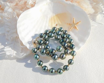 Blue Green Tahitian Necklace | Round | 8-9mm | Deep Rich Green | AAA | Solid 14kt Clasp | Solid 18kt Spacers | South Sea Pearls | 18 Inches