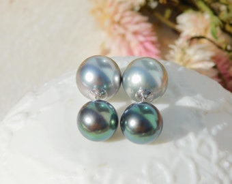 Double Pearl Stud Earrings | Tahitian Pearls | Solid 18k White Gold Screw Back | Vivid Blue Green | Gray | Reversible | AAA+ | Saltwater