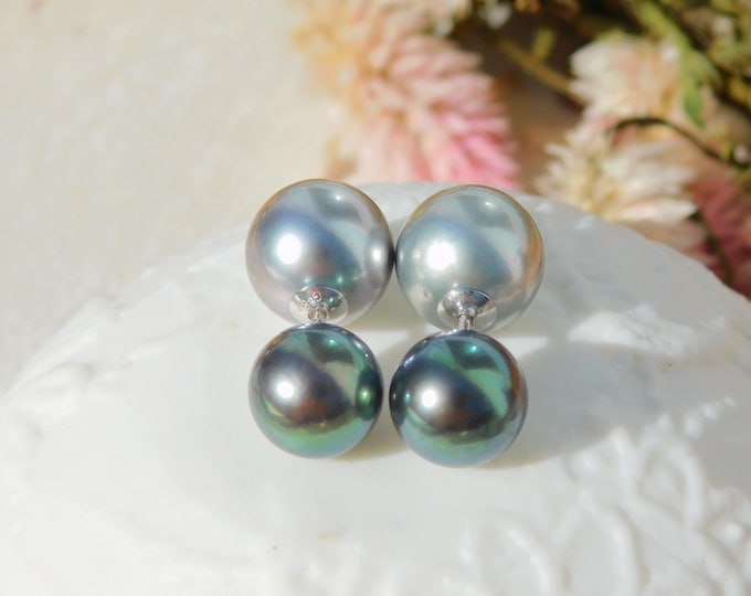 Double Pearl Stud Earrings | Tahitian Pearls | Solid 18k White Gold Screw Back | Vivid Blue Green | Gray | Reversible | AAA+ | Saltwater