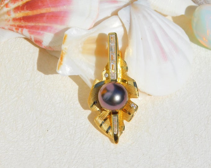 Vermeil Cluster Tahitian Pearl Brooch/Pendant | AAA+ | 10mm | Deep Aubergine | Tahitian Pearl Pin | Leaf Brooch | Gold Plated Silver