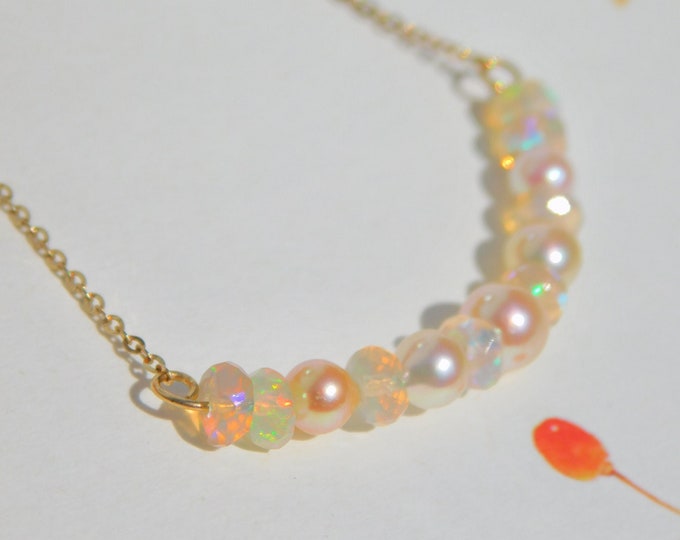 Dainty Akoya Pearl and Opal Bar Necklace | Solid 14kt/18kt Yellow Gold Chain | Cream | Saltwater Pearls | Pearls and Gemstone | 18.25 Inches