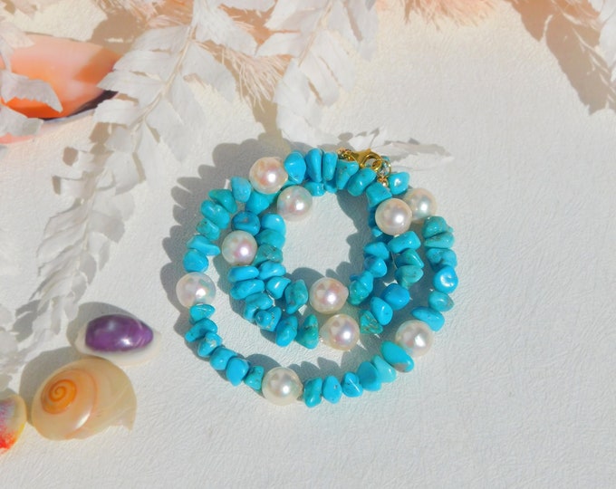 Arizona Turquoise and Japanese Akoya Pearl Necklace | Turquoise Chips | Saltwater Pearls | Solid 18kt Gold | 16.25 Inches | Blue | White
