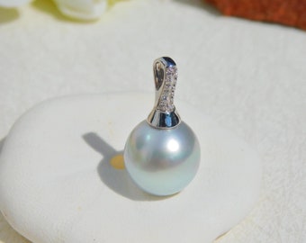 10.8mm Pastel Silver Blue/green Tahitian Pearl Pendant | Solid 18K White Gold Bail with CZ | AAA | Single Pearl Pendant | Pastel Tahitian