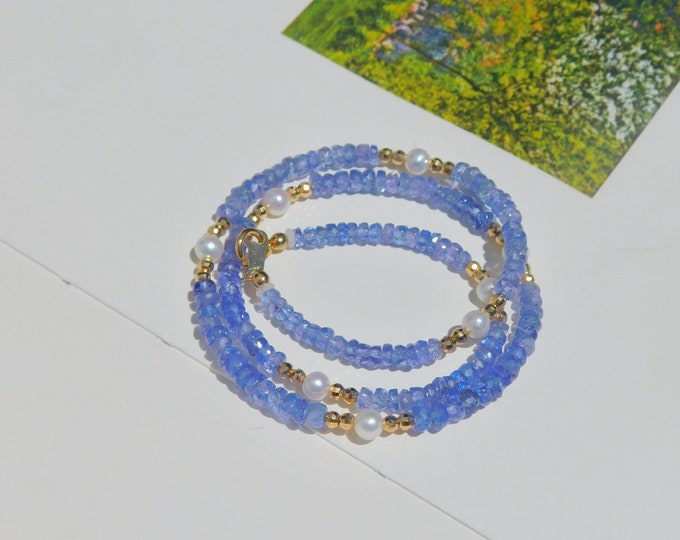 Tanzanite and White Freshwater Pearl Choker | AAA+ Quality | Gemstone and Pearls | Rondelle | Solid 18kt Gold | Purple | Blue | 15.25 Inches