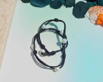 Six Freshwater Pearls and Leather Necklace | White Circled Pearls | 21 Inches | Leather and Pearl | Unisex design | 11-12mm | AAA | Lambskin