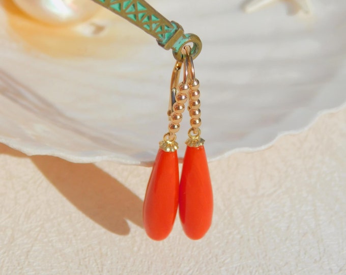 Teardrop Italian Red Coral Earrings | Solid 14k Rose Gold Lever Back | Dainty Design | Red | 6mm * 21mm | Red Gemstone Earrings | Coral