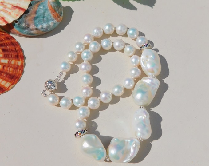 Barqoue Freshwater Pearl Necklace | 18 Inches | AAA | Fireball Pearls | Sterling Silver Spacers | Large Pearl Necklace | White Pearls