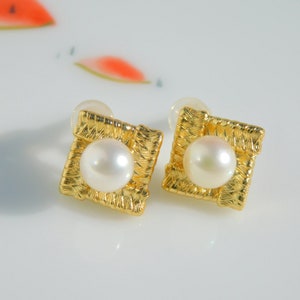 Vermeil Japanese Akoya Pearl Earrings Rhombus Earrings Saltwter Pearls AAA 7.2mm Beige Japanese Saltwater Pearls Modern Design image 2