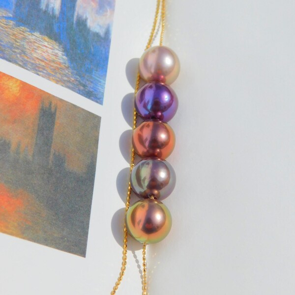 Metallic Multi-color Floating Pearl Necklace | Five Pearls | Round | 10-10.3mm | AAA+ | Solid 18kt Beaded Chain | Adjustable Chain