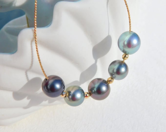 AAA Multi-color Floating Tahitian Pearl Necklace | Five Pieces | Adjustable Solid 18K Gold Pin-end Wire Necklace | 9-9.8mm | Round