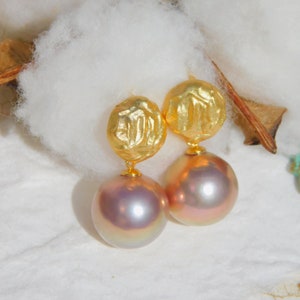 Metallic Mauve Pink Pearl Earrings | Vermeil Textured Matte Finish | AAA | 11.5mm | Drop Earrings | Freshwater Pearl | Edison Pearls | Pink