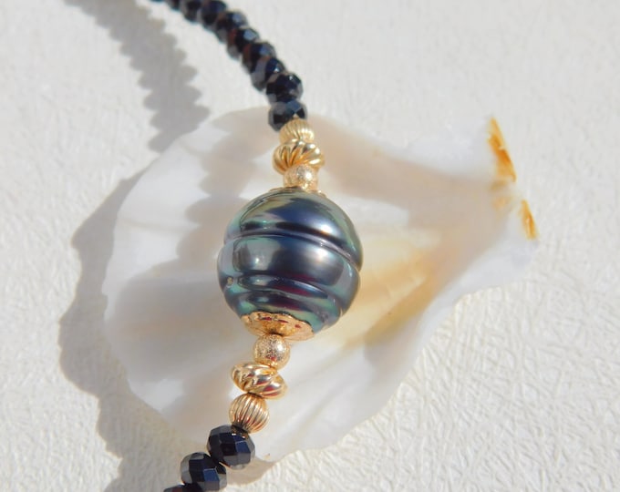 Black Spinel Tahitian Pearl Necklace |  11.8mm | Gold Filled | Black Green |  Gemstone and Pearl | 18 Inches | Black Pearl