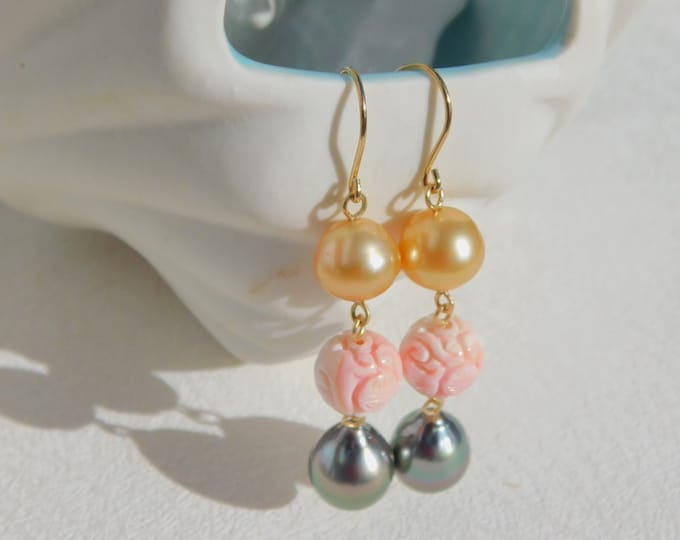 Tahitian & Golden South Pearl Earrings | Natural Pink Queen Conch Shell Beads | AAA | Solid 18kt Yellow Gold | Long Drop Earrings | Golden