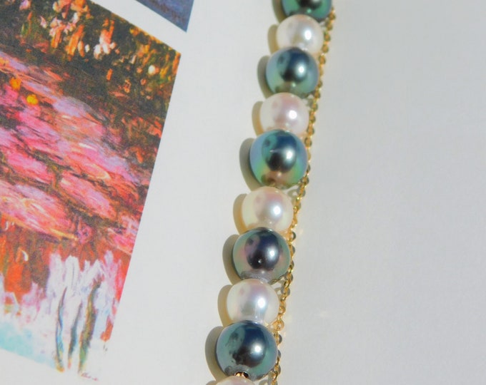 Akoya and Tahitian Pearl Necklace | Solid 18kt Yellow Gold Chain | 7-8.6mm | AAA | White | Blue Green | Saltwater Pearl Chain Neckalce