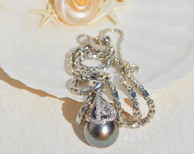 14mm Tahitian Pearl Pendant Silver Chain Necklace | Large Tahitian Pearl | Silver Faceted Bar Chain | Removable Pendant | AAA | Adjustable