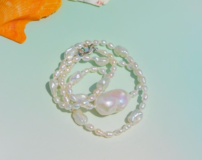 Freshwater Keshi and Large Baroque Pearl Necklace | AAA | 4mm | Silver Clasps | Free Formed Pearls | White with Pink | 21.5'' | Layering
