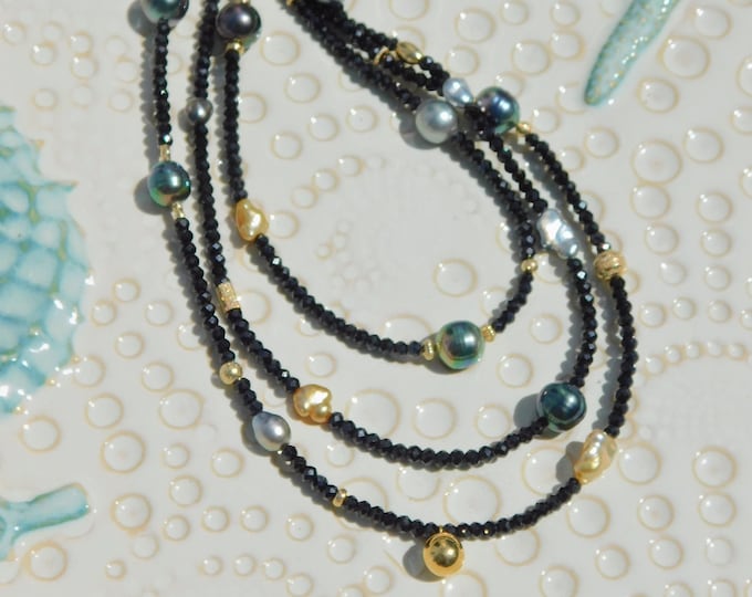 Three Strand Black Spinel with Various South Sea Pearl Necklace | Gold Filled | South Sea Keshi | Tahitian Keshi | Golden South Sea Keshi