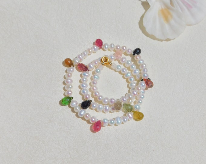 5mm Freshwater Pearls with Rainbow Tourmaline Necklace | Pearl and Gemstone | Solid 18kt Gold | AAA | Au750 | 15.5 Inches | Choker