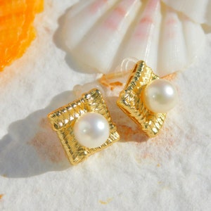 Vermeil Japanese Akoya Pearl Earrings Rhombus Earrings Saltwter Pearls AAA 7.2mm Beige Japanese Saltwater Pearls Modern Design image 1