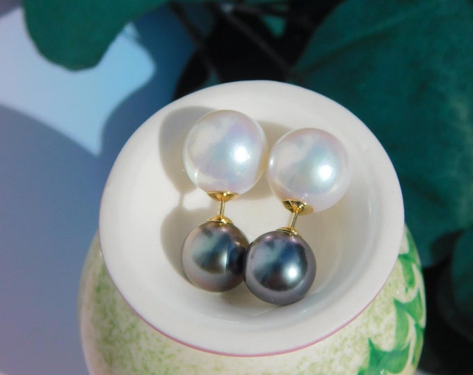 Double Pearl Stud Earrings | Solid 18k Gold Screw Back | 10.6mm White Freshwater Pearls | 9mm Black Tahitian Pearls | Reversible | AAA