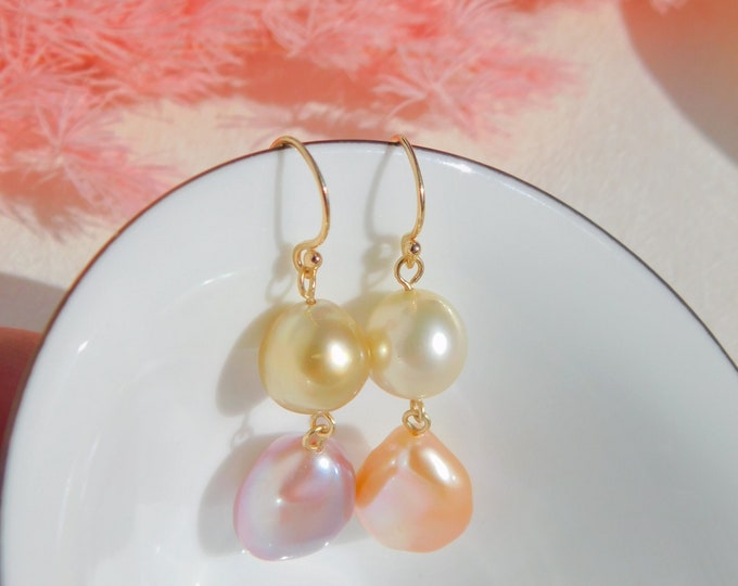 Mismatched South Sea Pearl Earrings | Unmateched Freshwater Keshi Pearls | Solid 18k Yellow Gold | AAA | Saltwater Pearls | Golden South Sea
