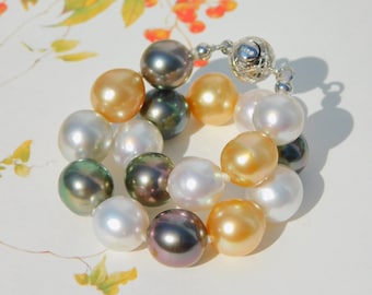 Multi-color South Sea Pearl Bracelet | AAA | Near Round | 8.3-9.4mm | Sterling Silver Clasp | 6.5'' Wrist Size | Saltwater Pearl
