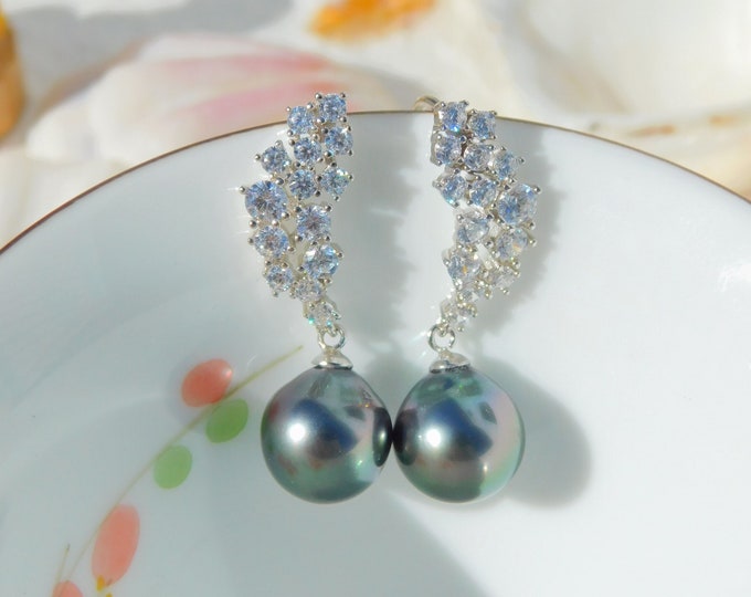 Cluster Silver Black Green Tahitian Pearl Earrings | AAA | 9.8mm | White Gold Plated | Sterling Silver | CZ | South Sea Pearl Earrings