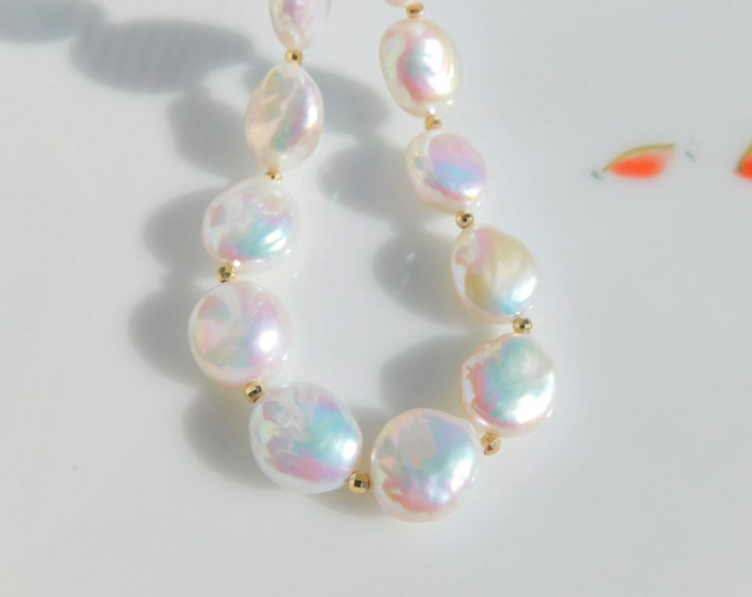 Ultimate Freshwater Coin Pearl Necklace |  Beyond AAA | 12-13mm | Solid 18kt Yellow Gold | White with Rainbow | Adjustable Length