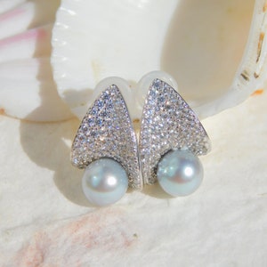 Cluster Errings Pastel Blue Akoya Pearl Earrings White Gold Plated over Silver Japanese Akoya Pearls AAA 6.7mm Modern Design image 1