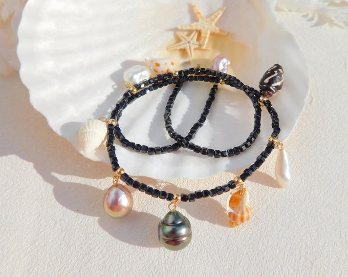 17.25 Inches Black Spinel Tahitian Pearl and Seashell Necklace | Waterfall | Solid 18kt Gold | Circled Tahitian Pearls | Gemstone and Pearl