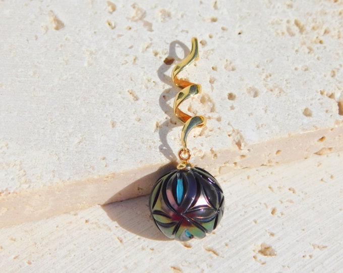 12mm Carved Tahitian Pearl Pendant | Black | Nucleated with Turquoise | Tahitian and Gemstone | Long Wavy Pendant | Solid 18kt Yellow Gold