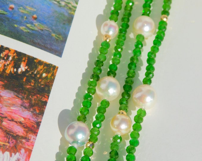 Green Chrome Diopside with Akoya Pearl Long Necklace | 38.5 Inches | Solid Yellow Gold | 3-3.5mm | Gemstone and Pearls | Two Strands